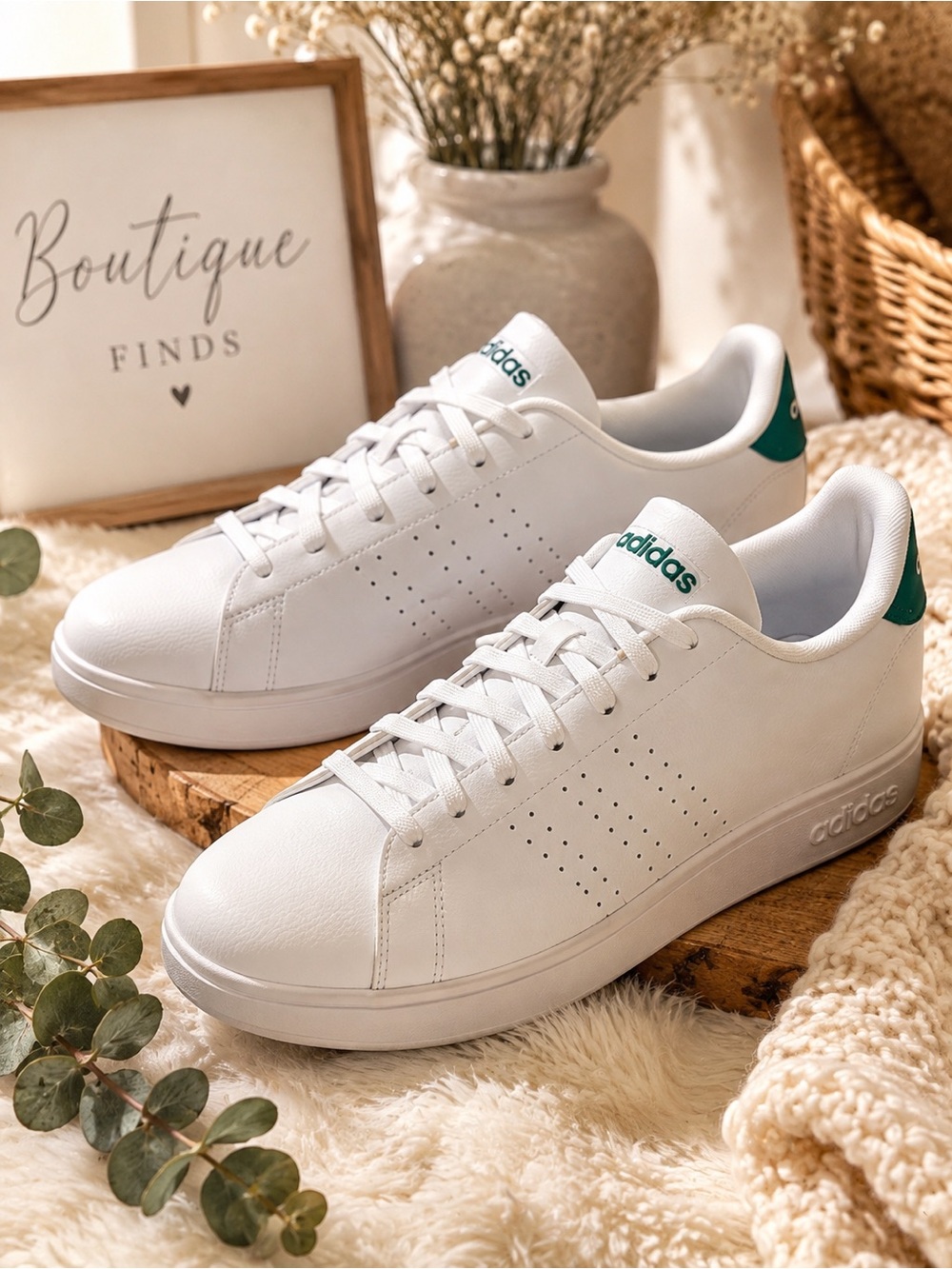Adidas White & Green Classic Court Sneakers for Men